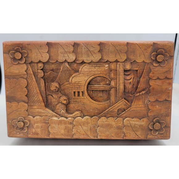 Vintage Chinese Camphor Wood Hand Carved Hinged Box 10X6X6 - Picture 6 of 15